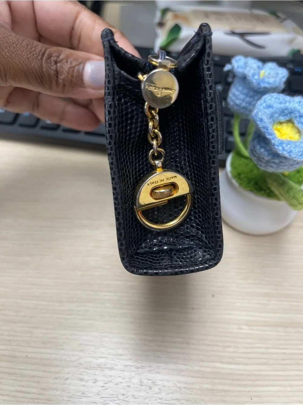 Salvatore Ferragamo Navy Vara Bow Leather Gold Accent Coin Purse w/Key Attchment